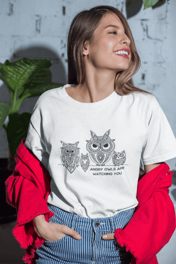 Premium Cotton Printed | Women's Whie T-Shirt | Angry Owl