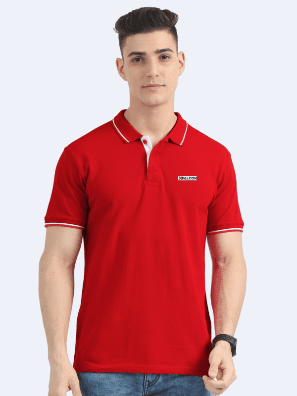 XFALCON Red Organic Cotton Polo T-Shirt with White Tipping