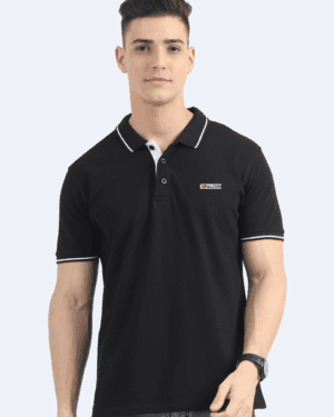 Man in navy short-sleeved polo t-shirt with contrast trim