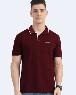 front view of a man wearing a maroon polo t-shirt