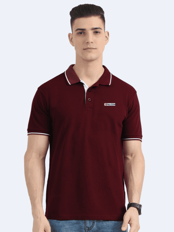 front view of a man wearing a maroon polo t-shirt