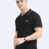 Rear side of navy polo t-shirt with white piping details