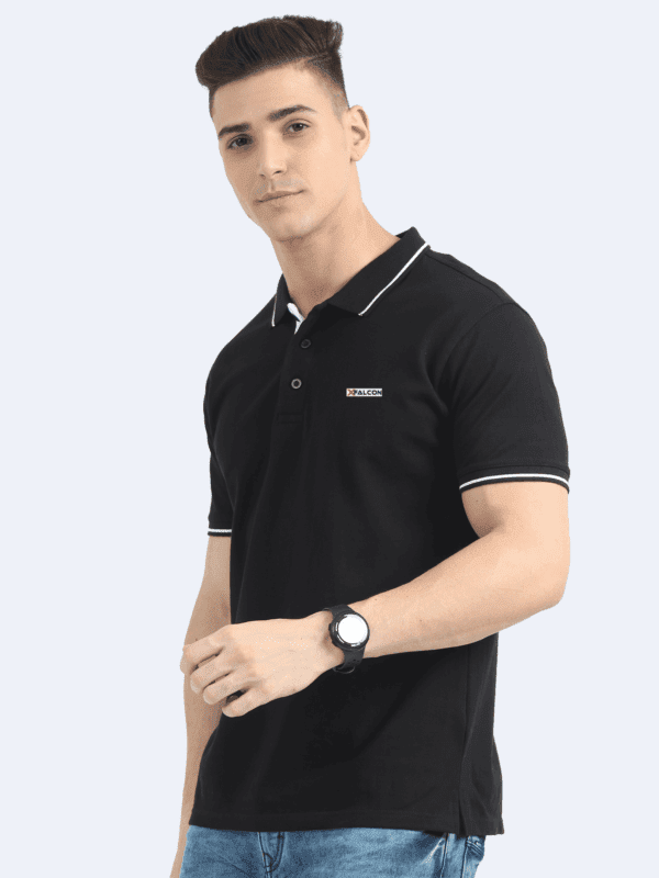 Rear side of navy polo t-shirt with white piping details